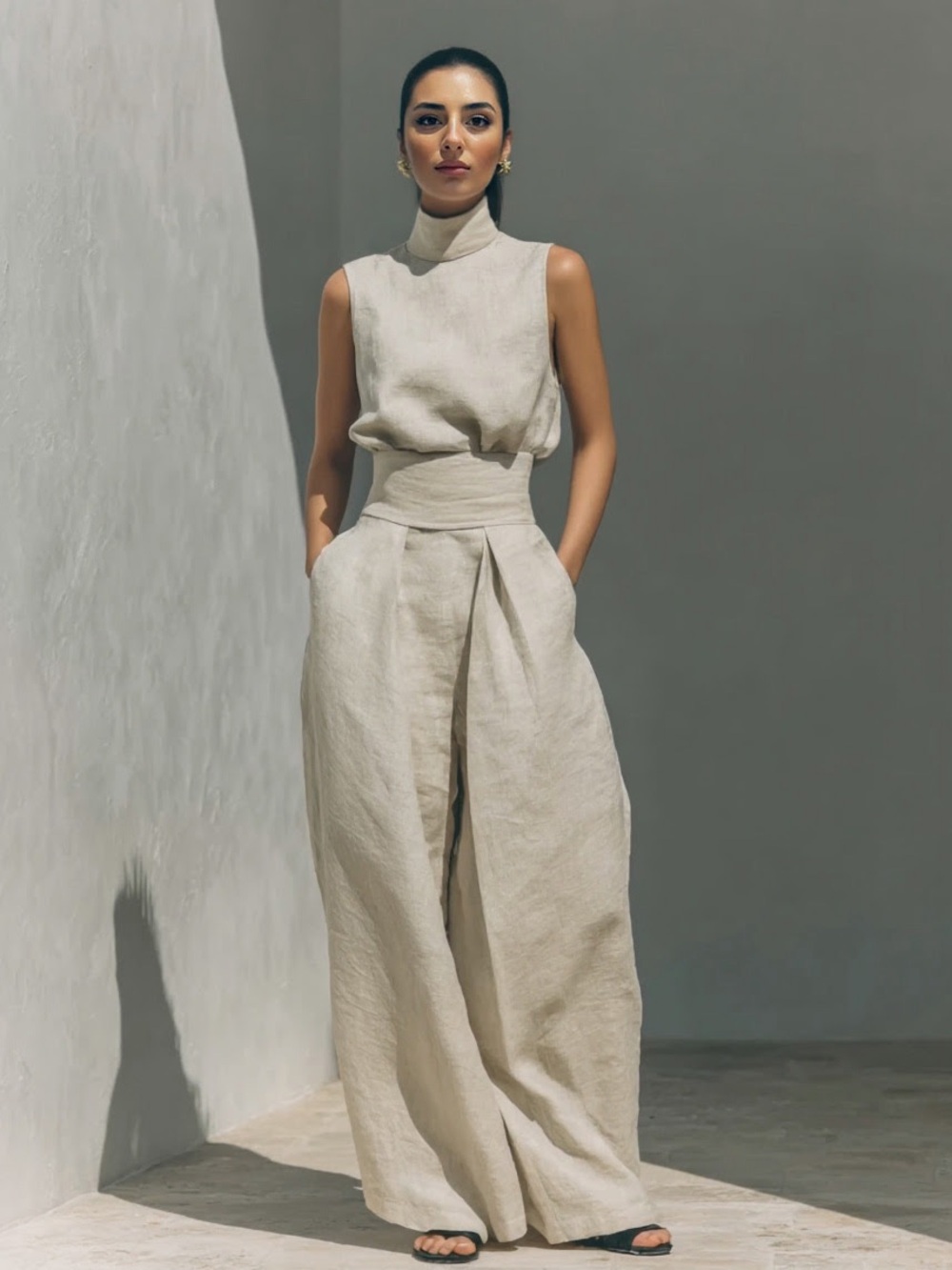 Sleeveless High-Neck Wide-Leg Jumpsuit in Light Beige - Picture 1 of 1
